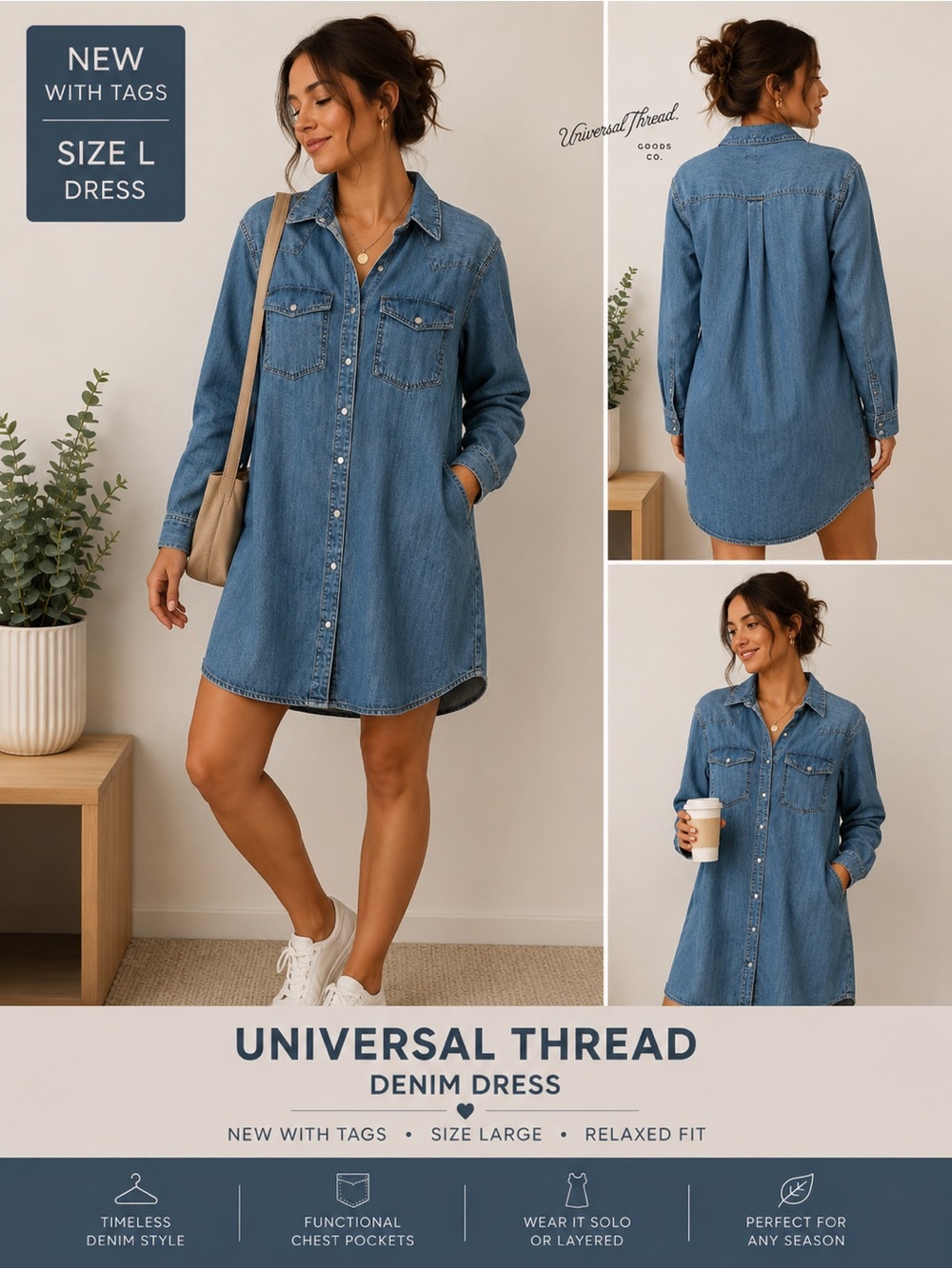 Universal Thread Western Button Down Denim Shirt Dress Size Large NWT